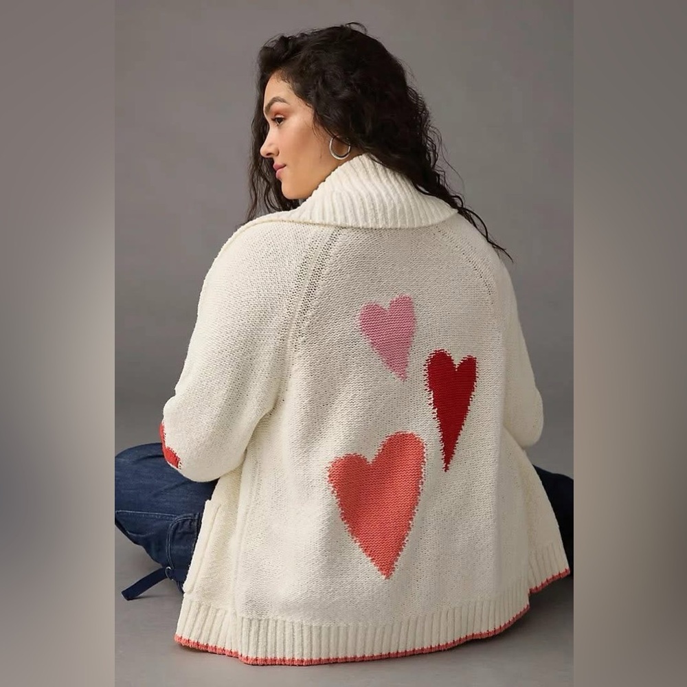 Anthropologie Cream Sweater with Red and Pink Hearts NWT